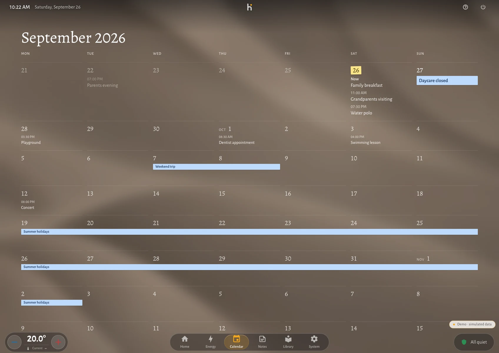 The calendar screen as a sheet: the month name in a serif, small-caps weekdays, hairline rules between the weeks, timed events listed under their day, multi-day events as bars across the week, today carrying a small gold mark.