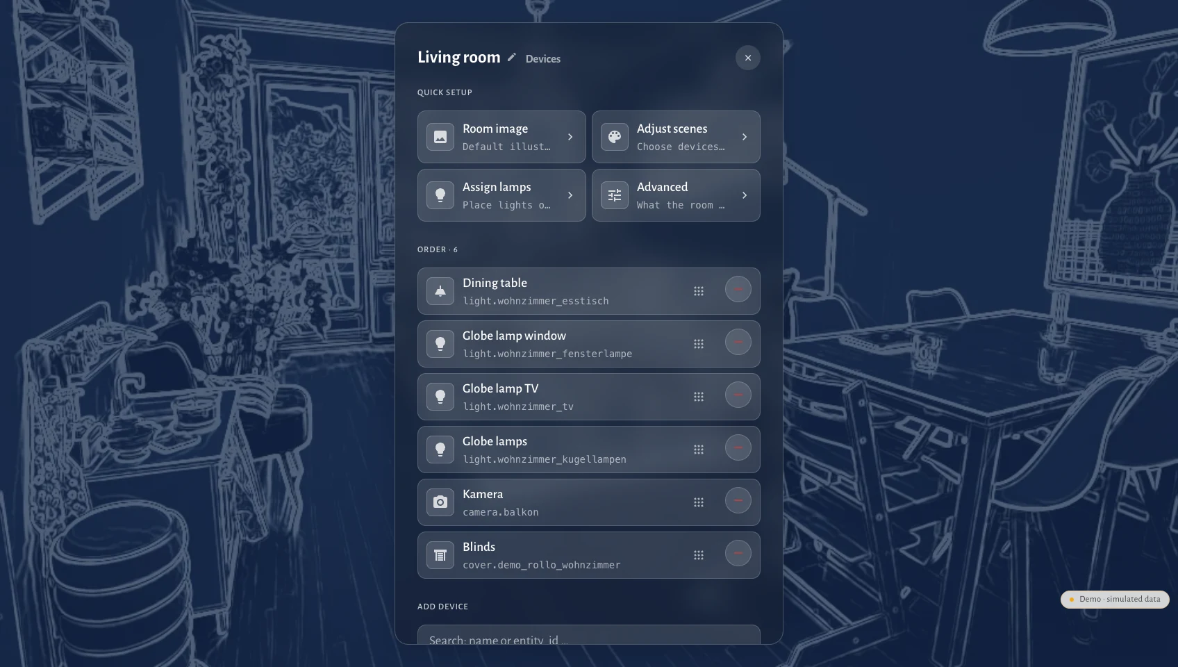 The living room's configuration on the panel: a dark sheet with quick setup, the six devices in their order with drag handles, and a search field to add a device, over a blueprint of the living room drawn in fine light lines on blue.
