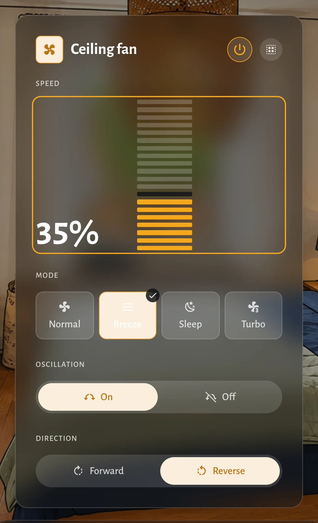 The same fan panel in breeze mode with the direction reversed.