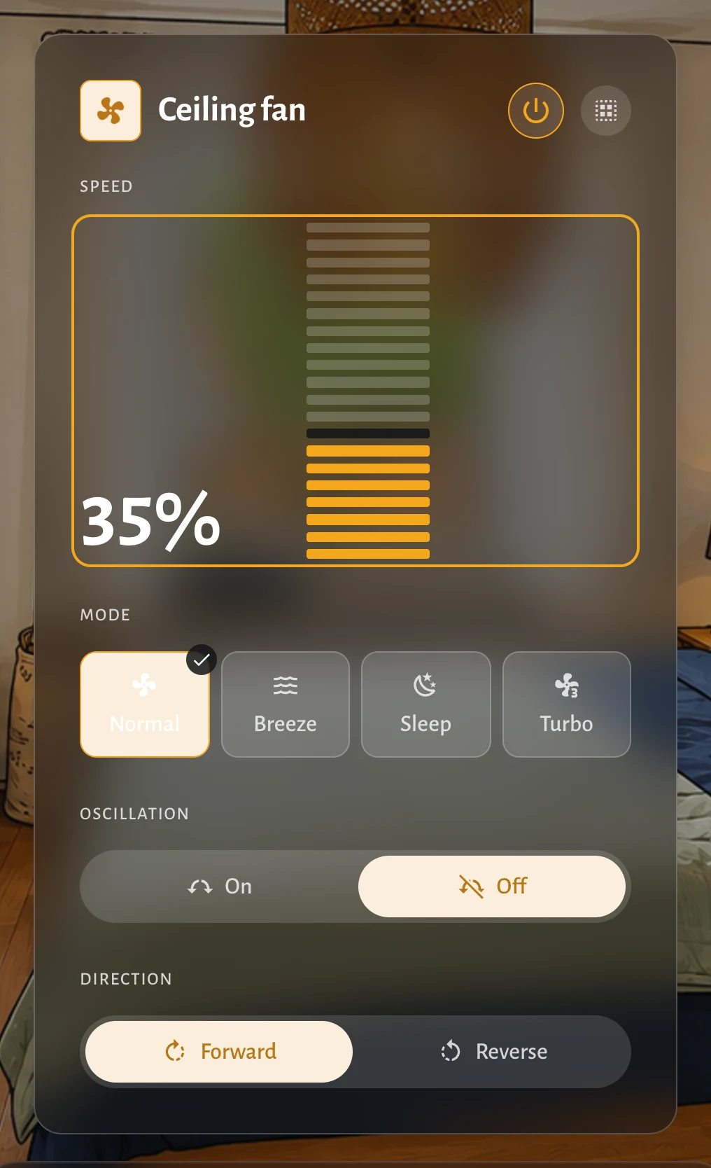 The fan panel: a vertical tick scale for speed at thirty-five per cent, four preset cards, and two-way switches for oscillation and direction.
