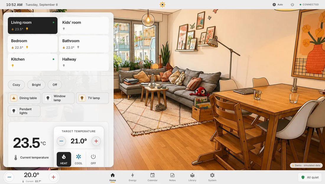The Hauser home screen by day: a control panel on the left, a sunlit illustration of the living room on the right.
