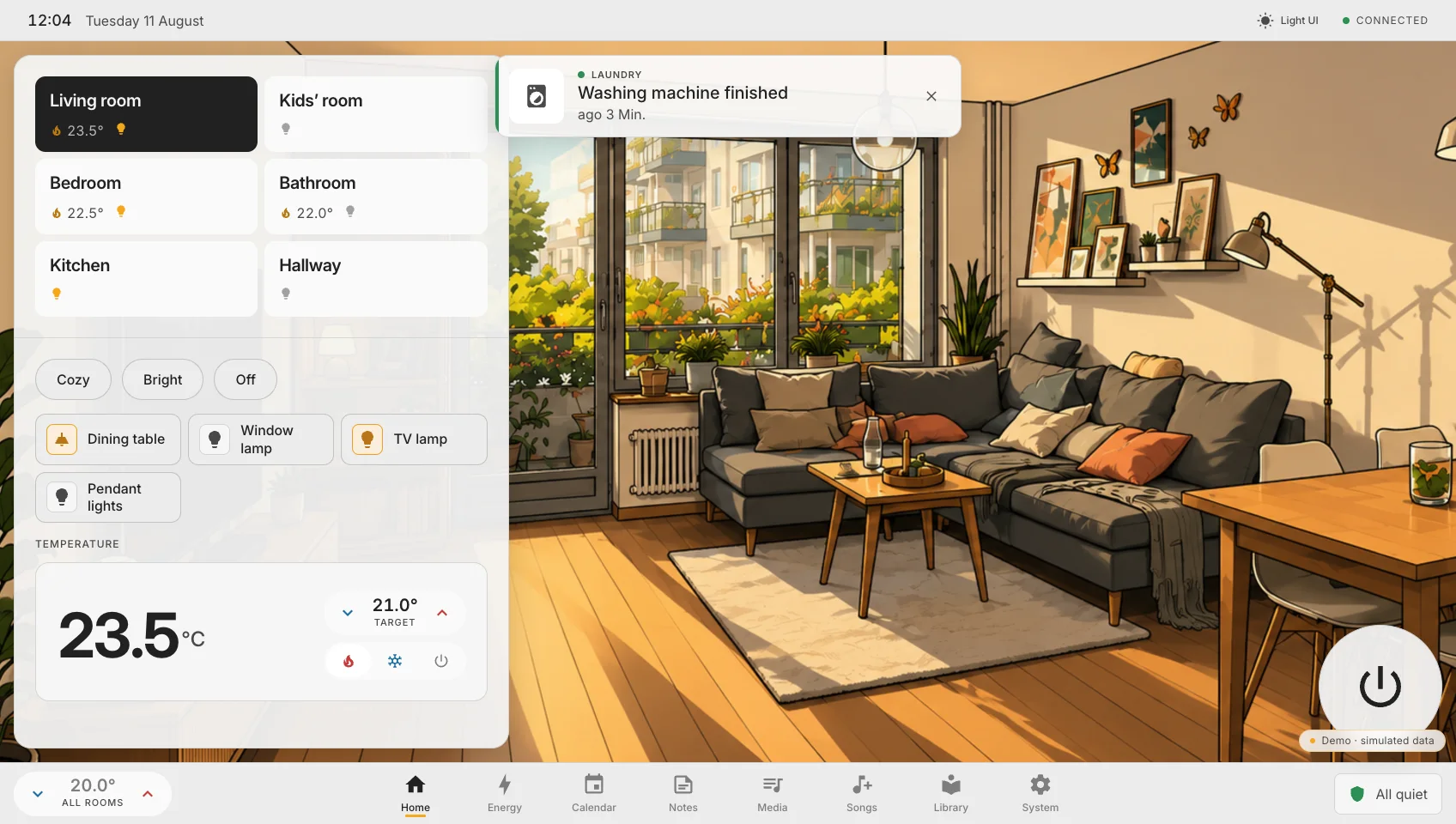 The Hauser home screen in light mode with a compact room-control panel on the left and the room illustration kept visible on the right.