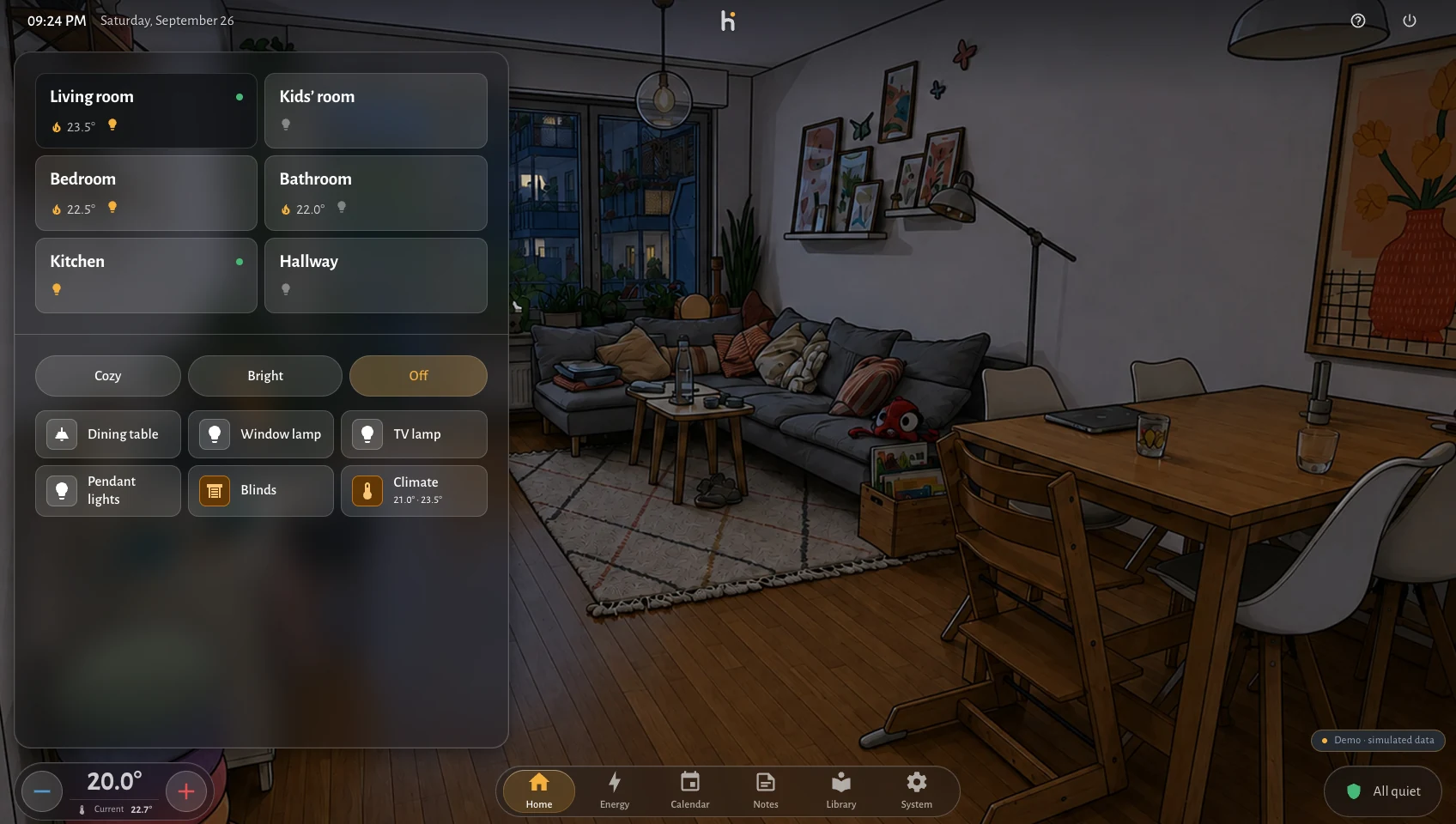 The same screen at night with every lamp off: the room illustration has gone dark, only a faint glow from the balcony door, all lamp tiles unlit.
