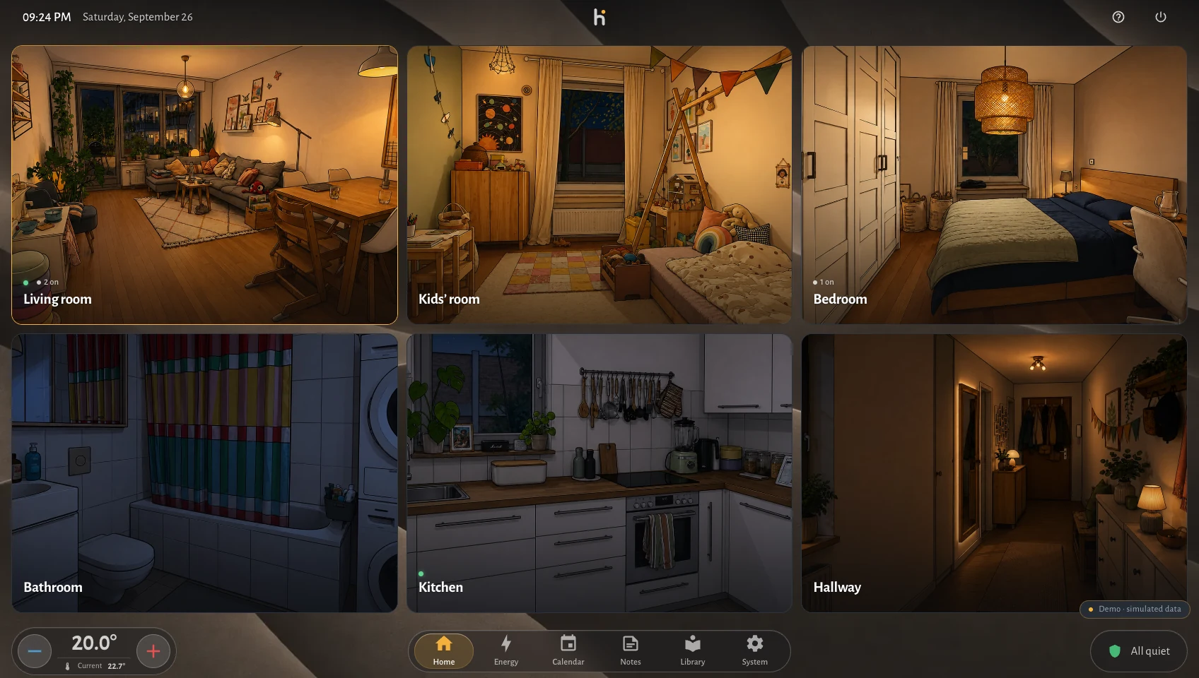 The same home screen in the all-rooms view after dark: six room tiles, each with its own illustration. The living room and the bedroom carry their lit evening picture and a small note saying how many lamps are on; the kitchen and the bathroom stand in their dark picture with no lamp on at all.