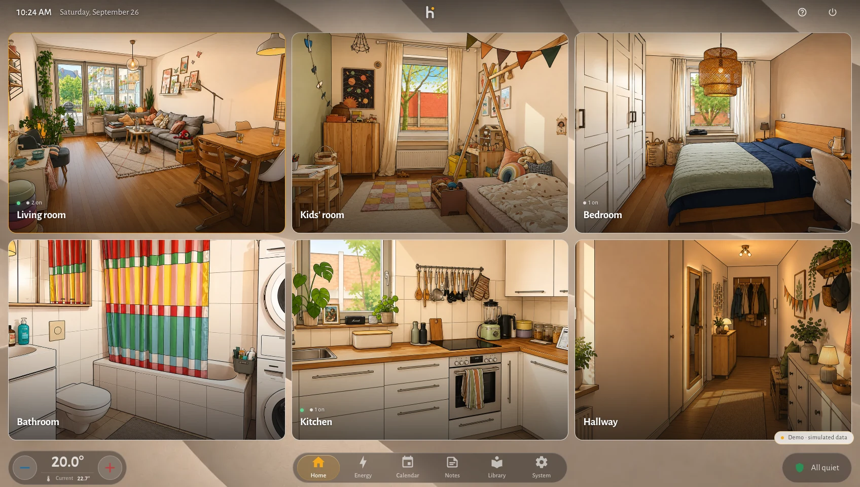 The all-rooms view by day: six tiles with the living room, the kids&rsquo; room, the bedroom, the bathroom, the kitchen and the hallway, each in its own daylight illustration, with the heating and the house status along the bottom edge.