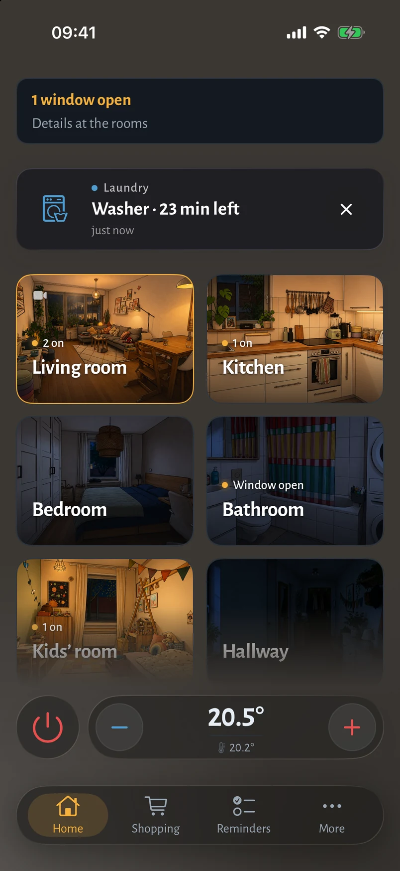 The same home after dark: the living room and the kitchen carry their lit evening picture, the bedroom and the hallway their dark one.