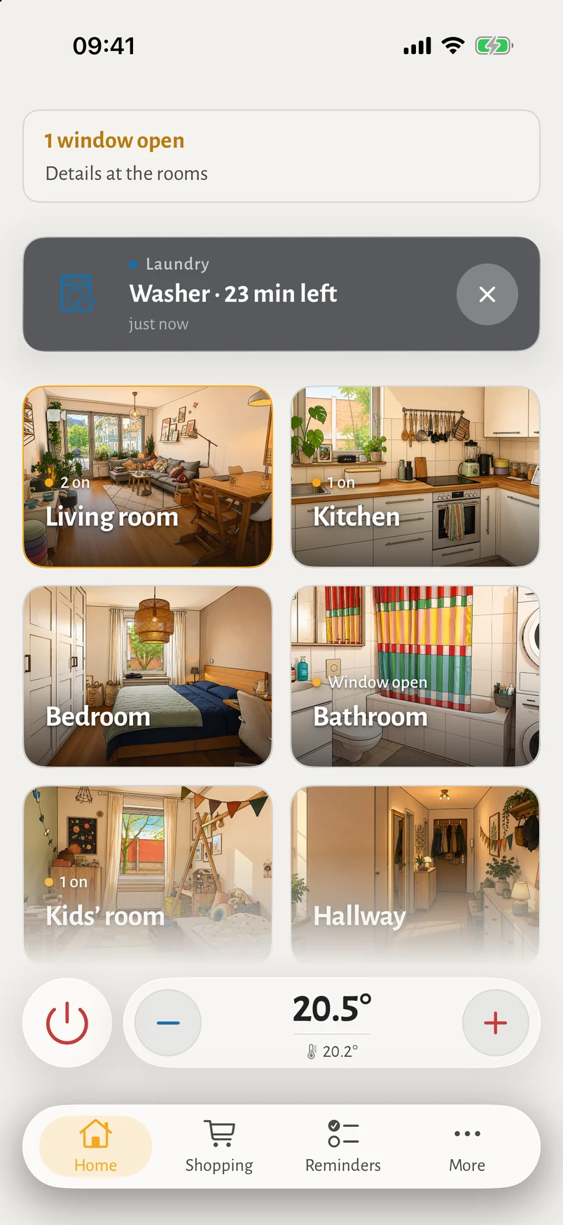 The iOS app's home by day: a line saying one window is open, the washer with 23 minutes left, six room cards with their illustrations, the living room with two lamps on, the quick bar and the bottom bar with Home, Shopping, Reminders and More.