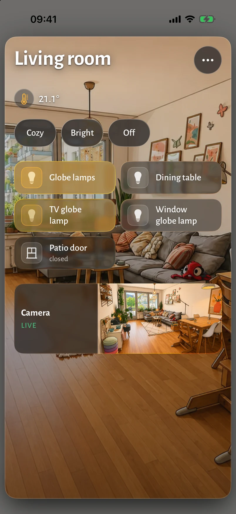 A room in the iOS app: the living room's picture with its temperature, the scenes, the lamps as tiles, the patio door contact reading closed, and the camera as a live picture.