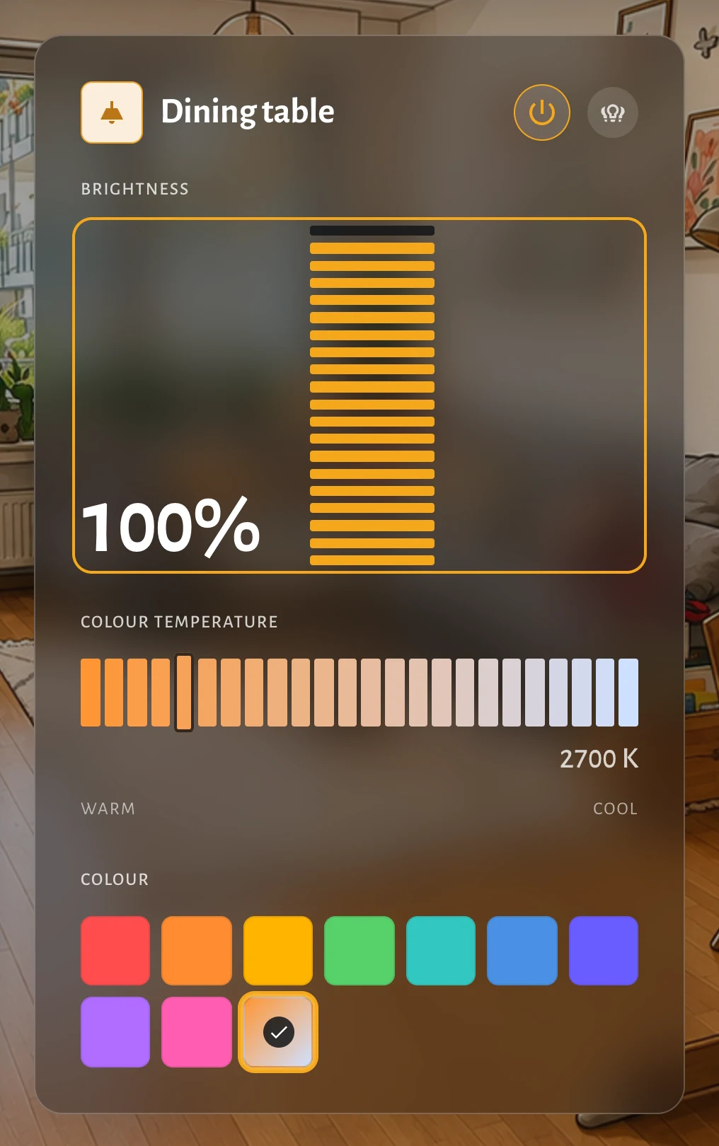 The lamp panel: a large vertical tick scale for brightness at one hundred per cent, a warm-to-cool scale beneath it and a row of colour swatches.