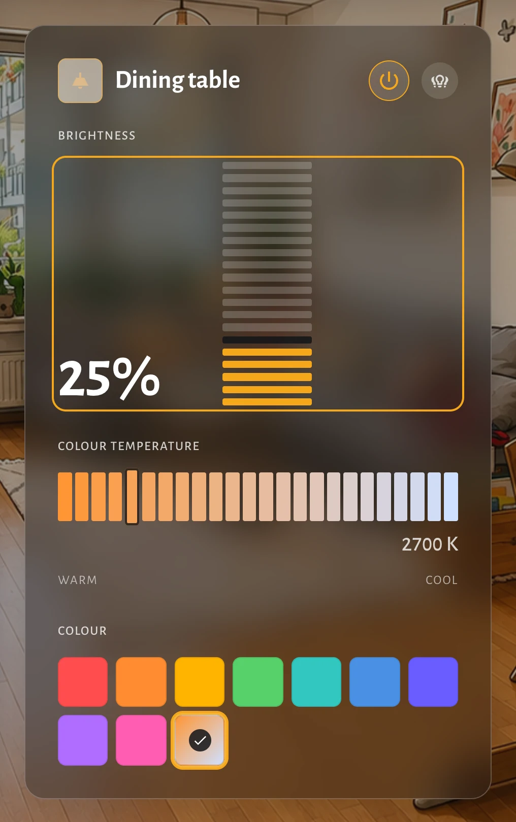The same lamp panel with the brightness scale at twenty-five per cent.