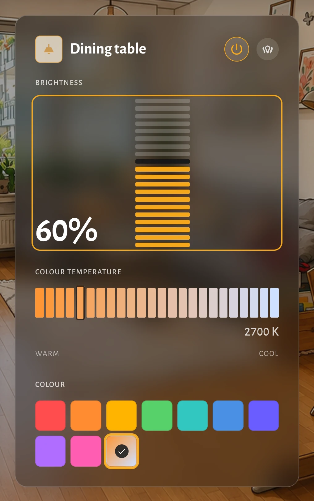 The same lamp panel with the brightness scale at sixty per cent.