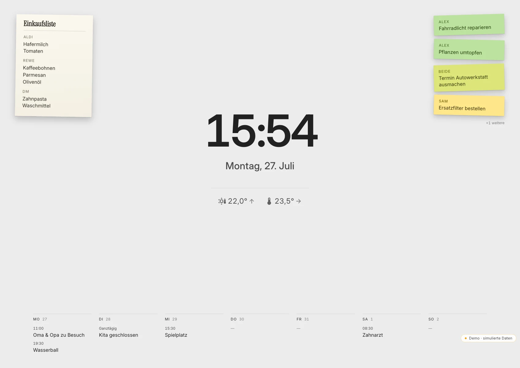 The Hauser ambient lock screen with a large clock, date, household context, upcoming events and notes arranged for glanceable use on a wall panel.