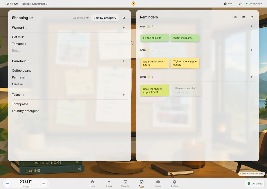 The notes screen: a shopping list on the left grouped by shop, reminders as coloured notes on the right.