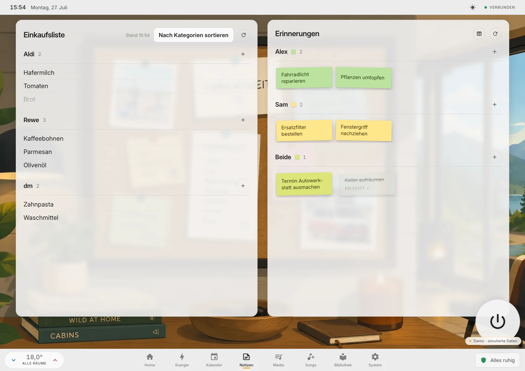 The notes screen with a shopping list on the left, grouped by shop, and reminders as coloured sticky notes grouped per person on the right.