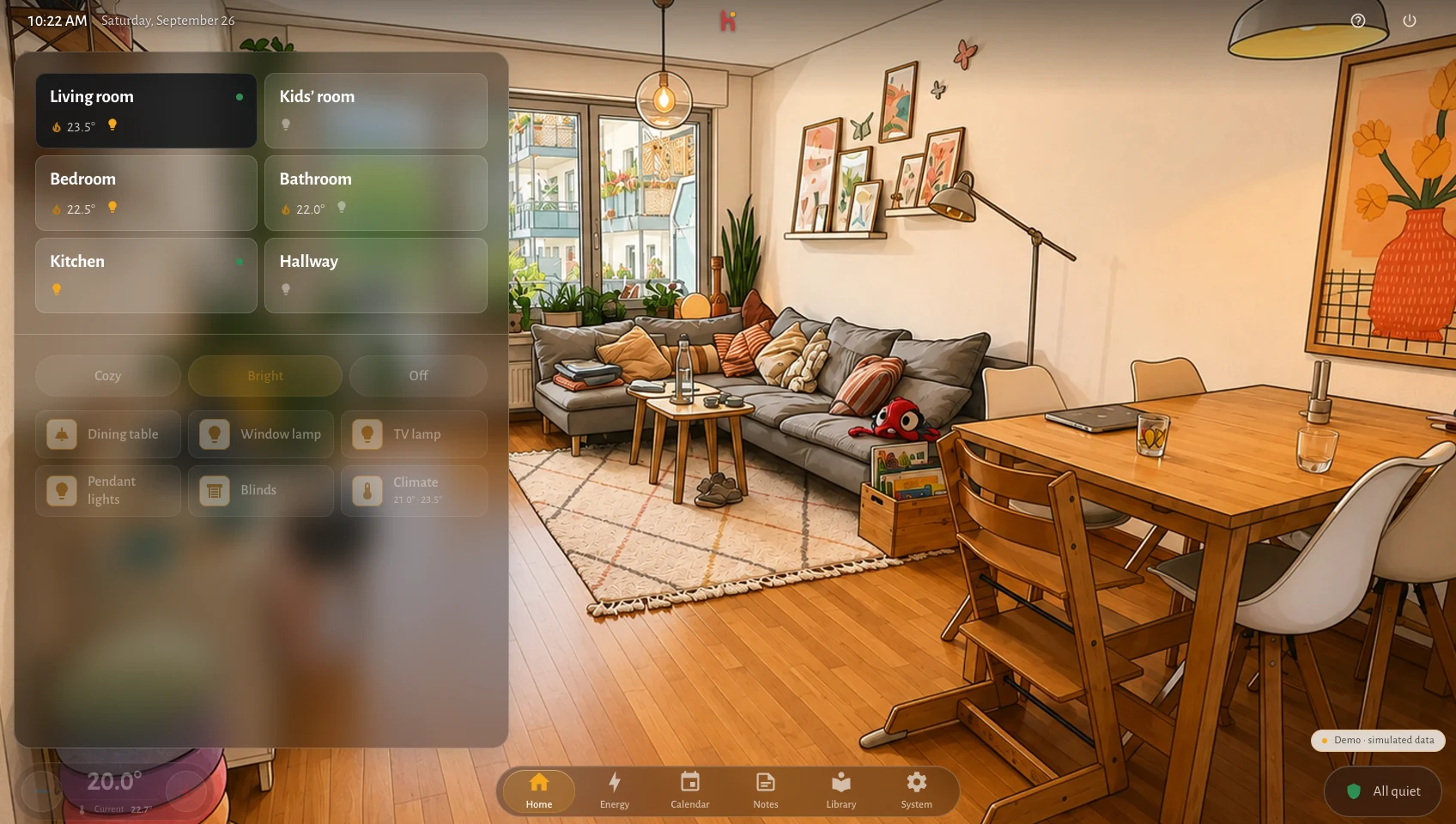 The home screen while Home Assistant is unreachable: the living-room illustration stays exactly as it was, the scenes and lamp controls are dimmed, and the status chip in the title bar reads Disconnected.