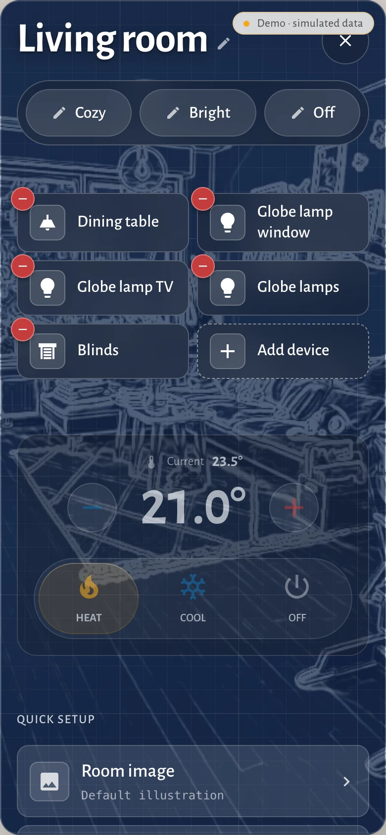 The same room in configuration on the phone: the picture has become a blueprint, every tile carries a small minus, a dashed tile reads Add device, and the climate card and quick setup follow below.