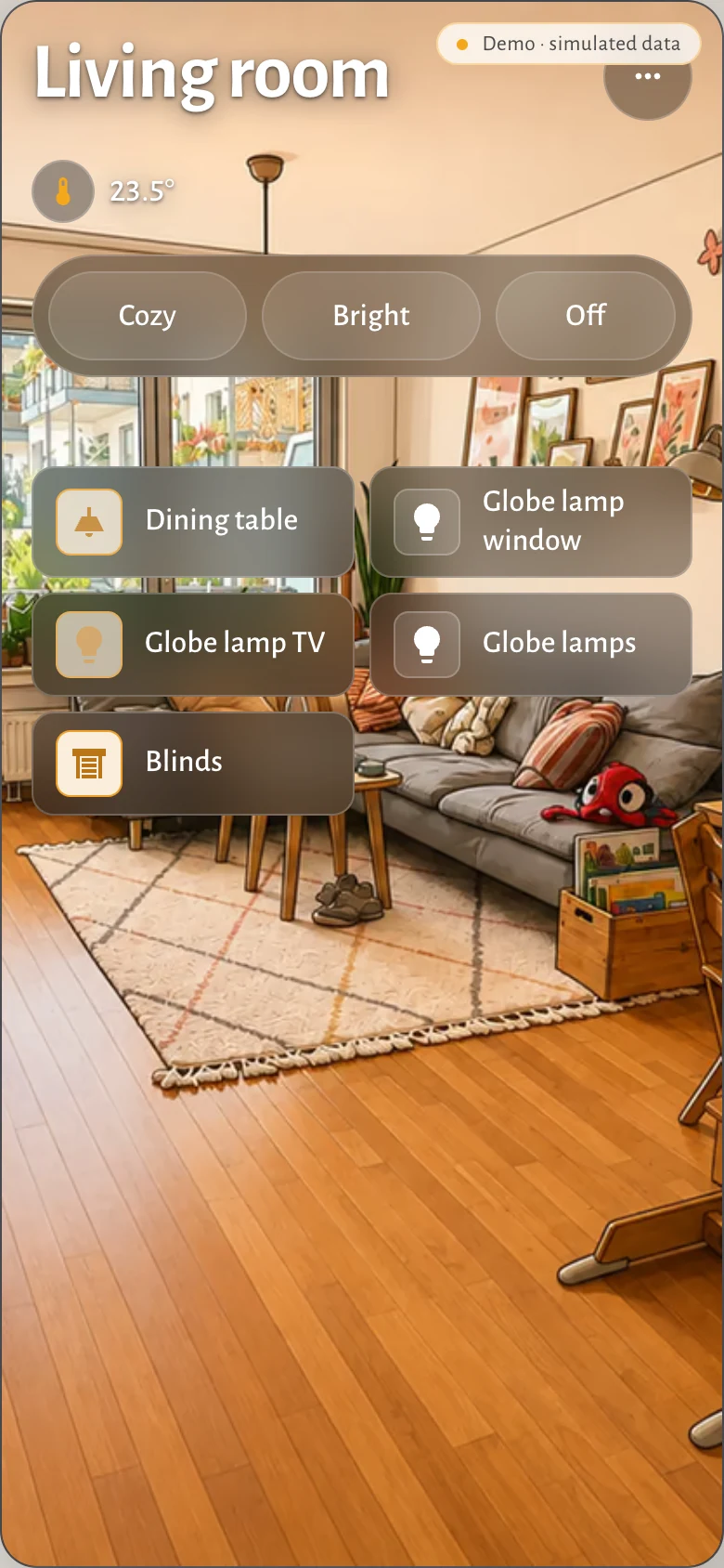 The living room as a sheet on the phone: the room name over its picture, the temperature reading under it, the scenes Cozy, Bright and Off, and the room's lamps and blinds as tiles.