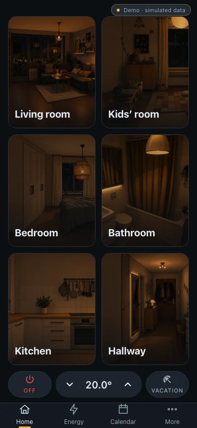 The phone layout showing room cards stacked vertically with a four-item bottom navigation bar.