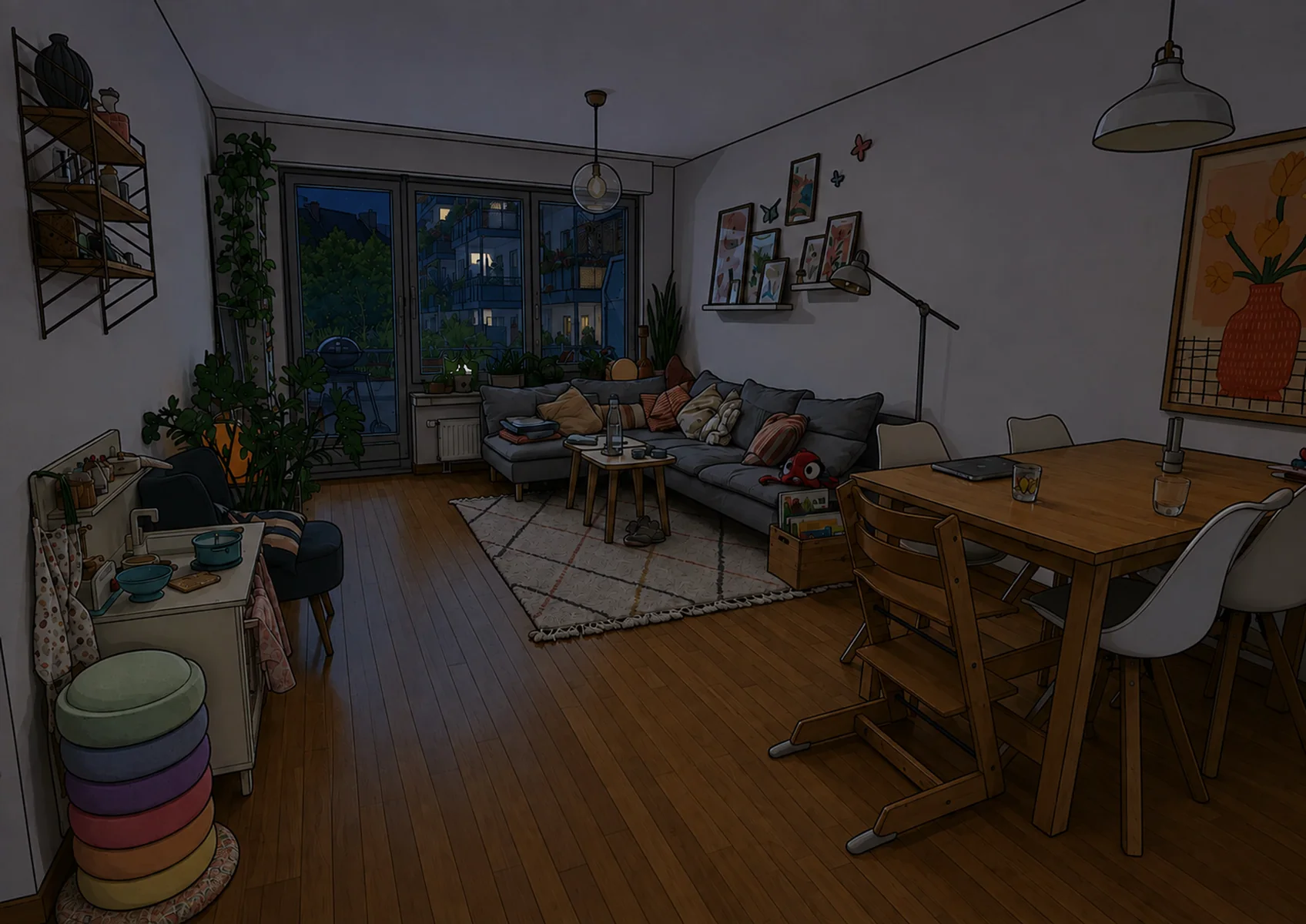 The same living room at night with every lamp off: only a faint blue glow from the balcony door outlines the sofa and the table.