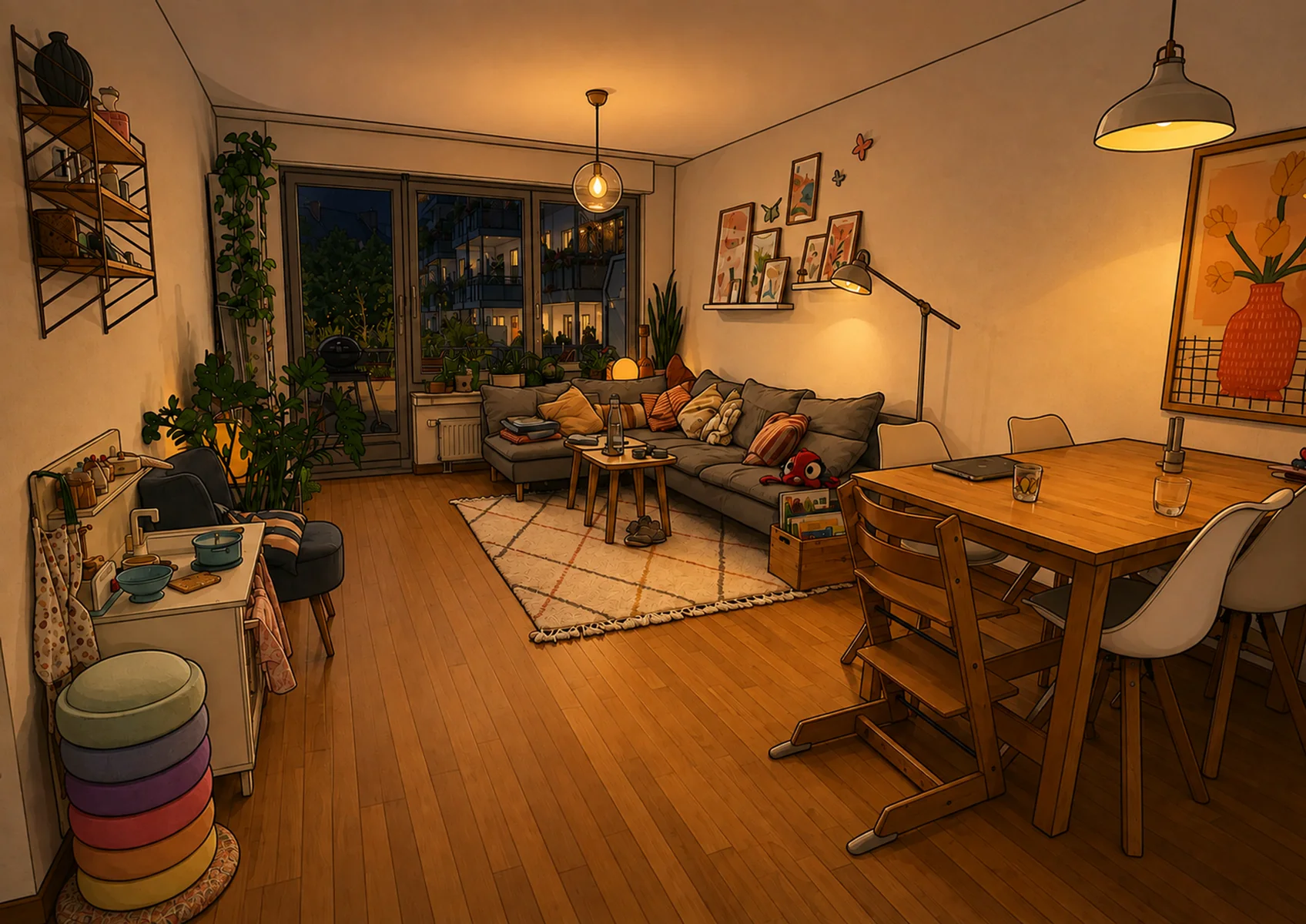 The same living room in the evening: the pendant lamp and the reading lamp are on, warm pools of light on the table and the sofa.
