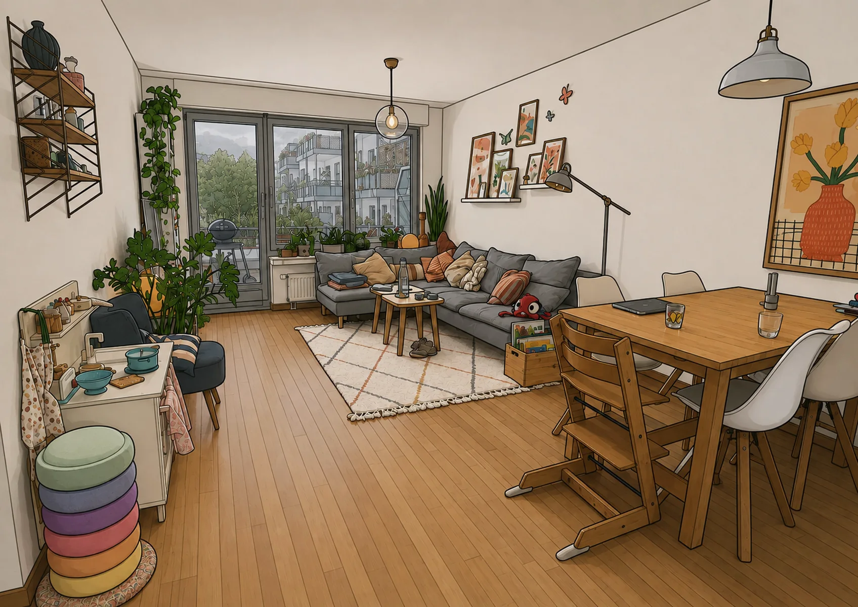 The same living room under an overcast sky: flat grey light from the balcony door, colours cooler, the pendant lamp still off.